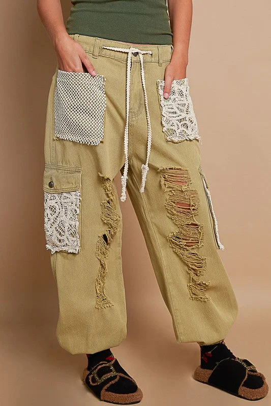 POL Lace Crochet Cargo Patchwork High-Rise Drawstring Wide Leg Ankle Jogger Pants Fashionable Button-Up Pants