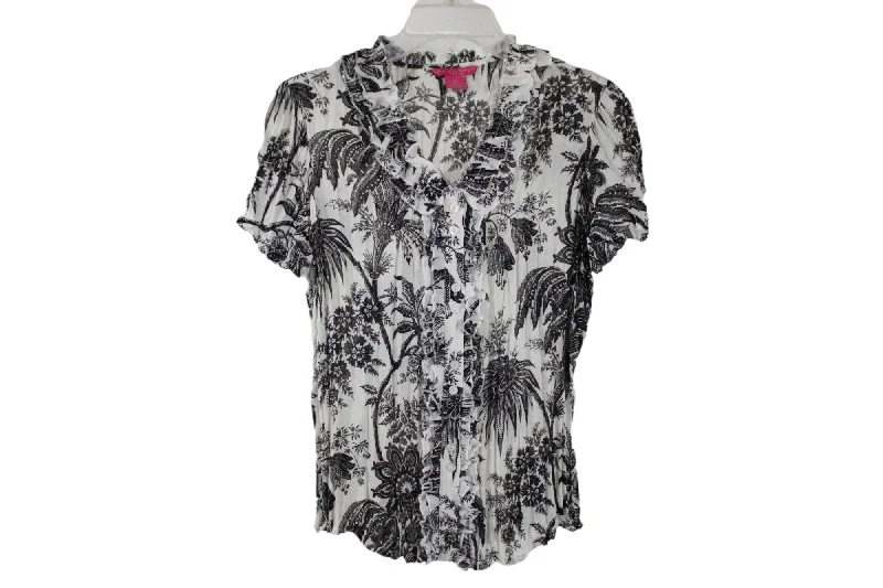 Sunny Leigh Black White Tropical Tree Blouse | Petite S Slim Fit Blouse