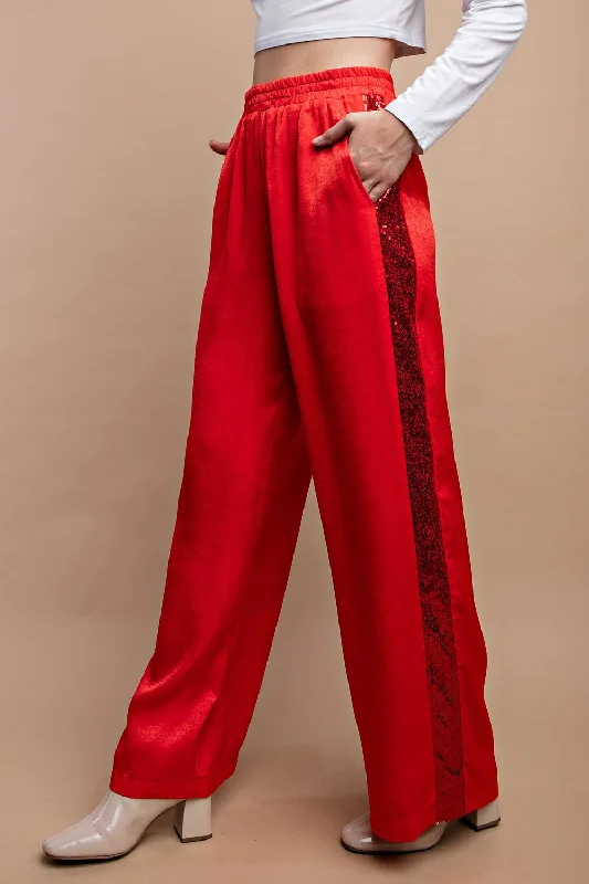 Sequin Side Stripe Pant- Red Sleek Black Pants