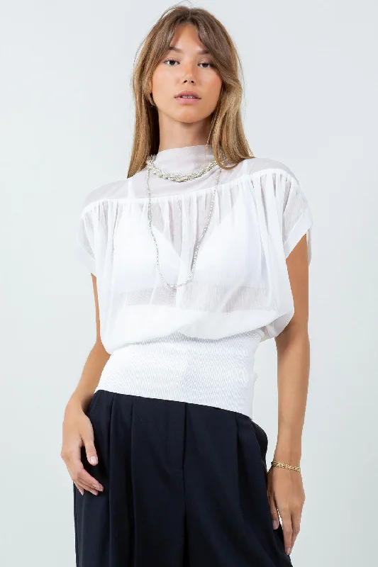 White Fabric Mixed Semi Sheer Blouse Feminine Ruffle Blouse