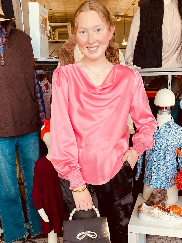 Cowl Neck Satin Blouse- Pink Wrap Front Blouse