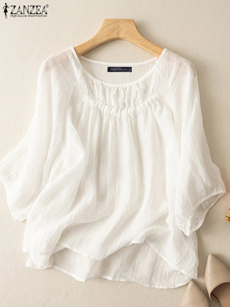 Summer Elegant Blouse Women White Tops O Neck 3/4 Sleeve  Shirt Elegant Office Blouse