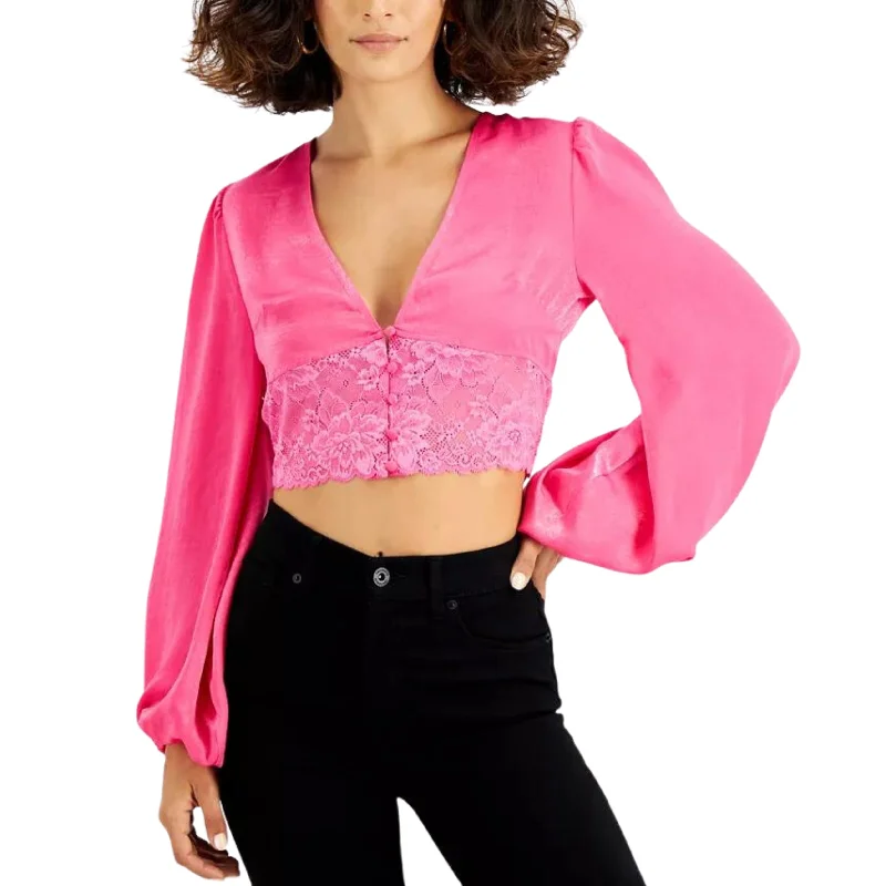 BAR III - Lace-Hem Cropped Blouse Cotton Casual Blouse