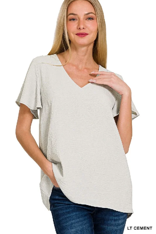 Airflow Flutter Sleeve Blouse -Light Cement Lightweight Linen Blouse