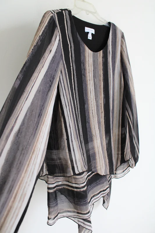 Susan Graver Gray Tan Black Striped Chiffon Blouse | S Modern Oversized Blouse