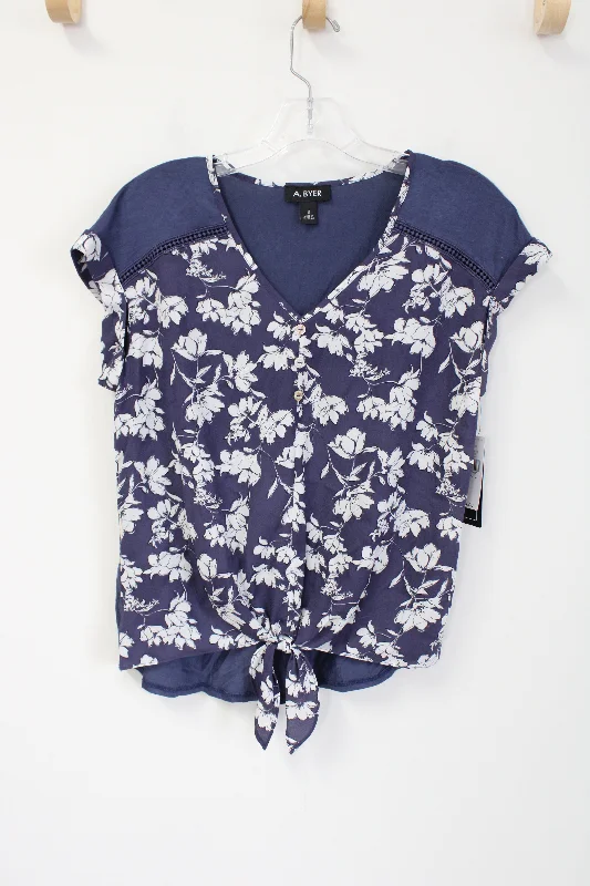 A. Byer Blue Floral Blouse | S Ruched Sleeve Blouse