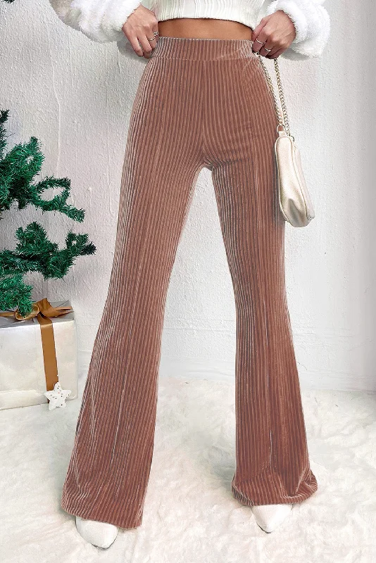 Chestnut Solid Color High Waist Flare Corduroy Pants Modern Skinny Pants