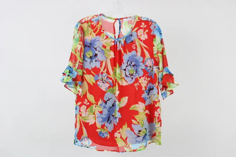 Artigli Collection Red Floral Blouse | 44 (L) Airy Cotton Blouse