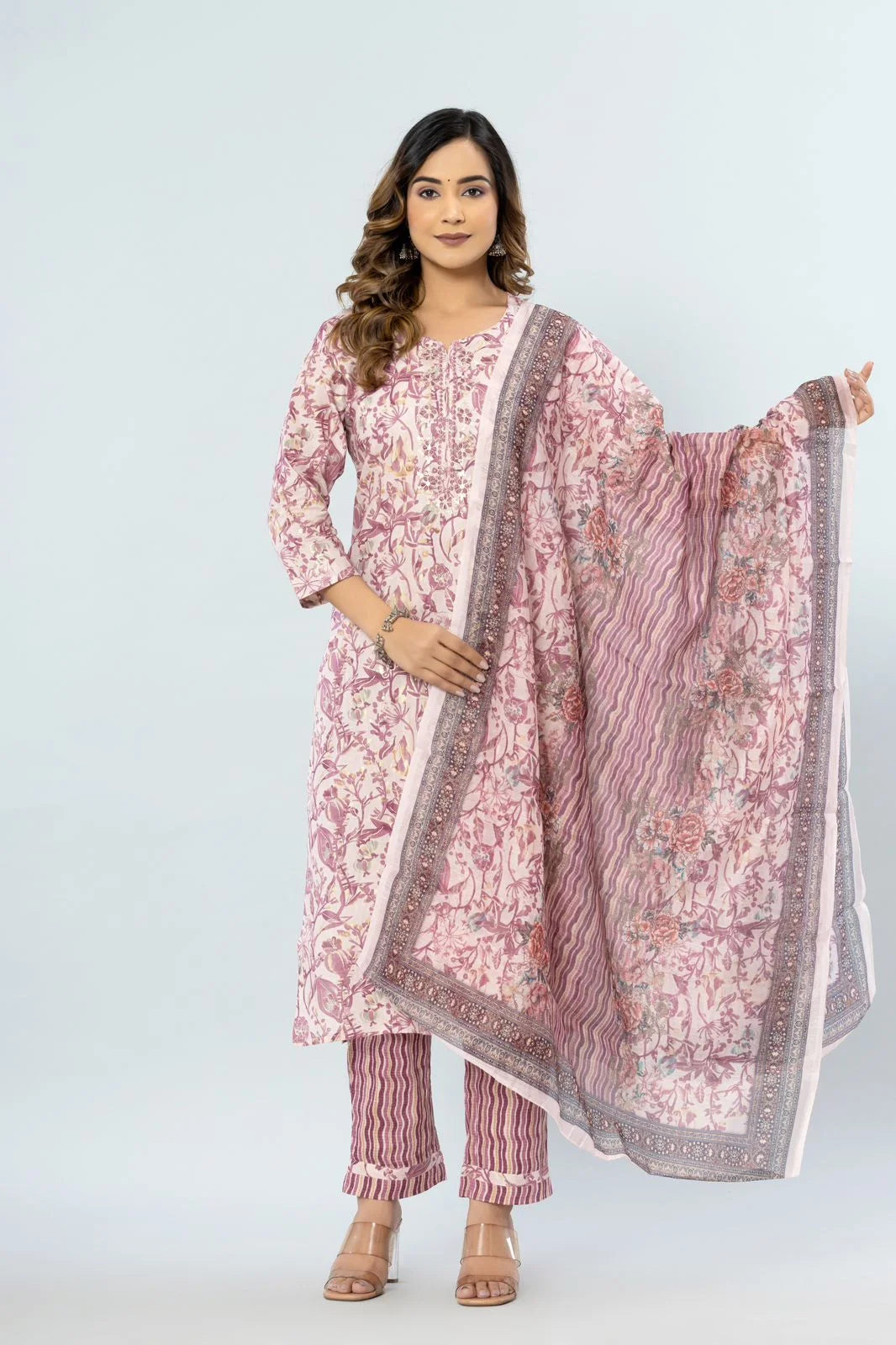 Latest Pink Printed Pure Cotton Straight Kurti Pant Dupatta Set Comfortable Cargo Pants