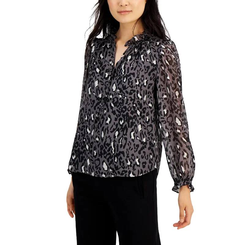 BAR III - Animal Print Ruffle Sleeve Blouse Satin Bow Blouse