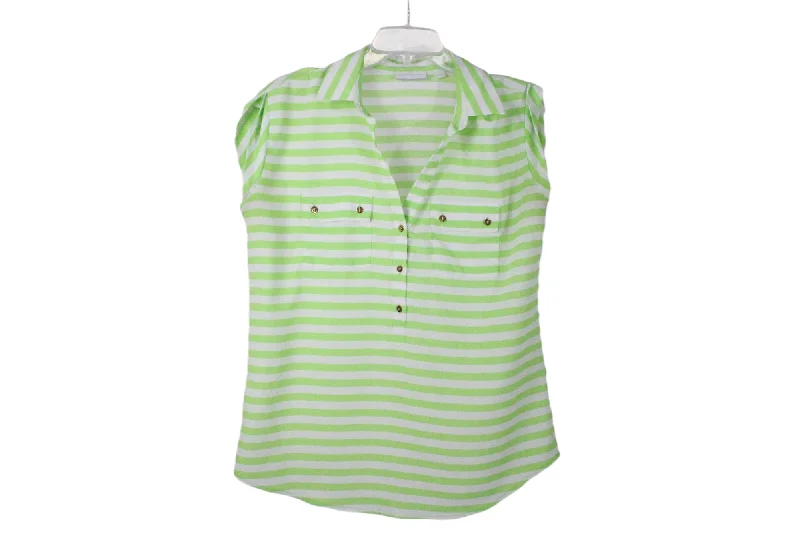 New York & Company Green White Striped Blouse | M Double Button Blouse