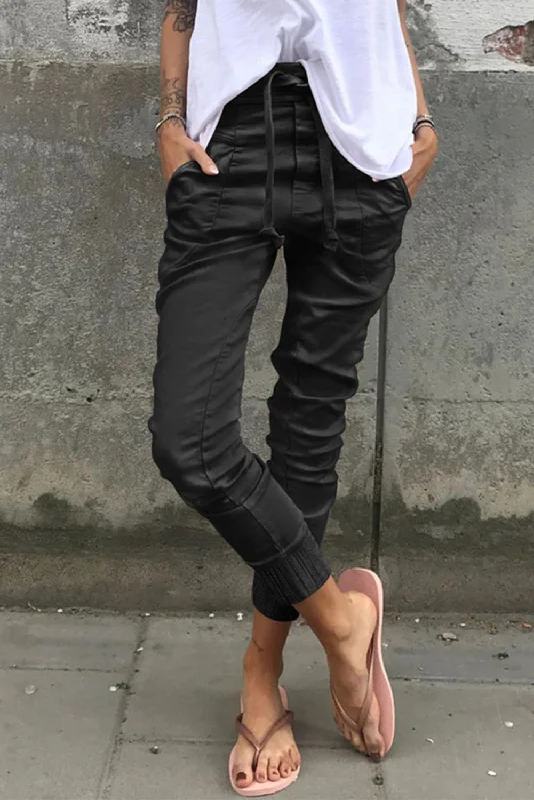 Black High Waist Drawstring Pocketed Pants Casual Lounge Pants