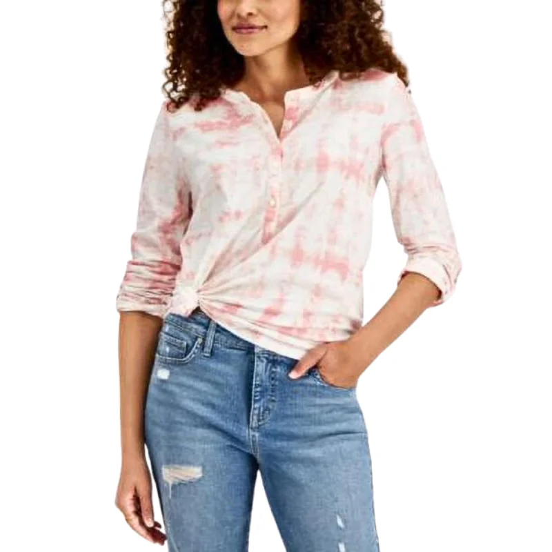 STYLE & CO - Tie-Dyed Henley Blouse Feminine Ruffle Blouse