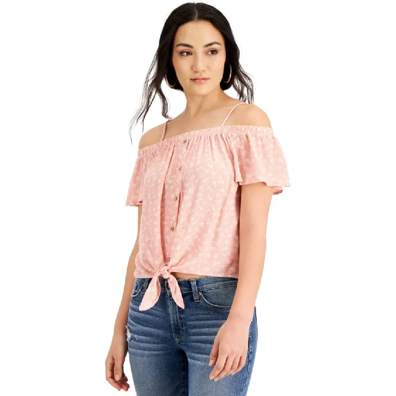 HIPPIE ROSE - Floral-Print Off-the-Shoulder Blouse Feminine Ruffle Blouse