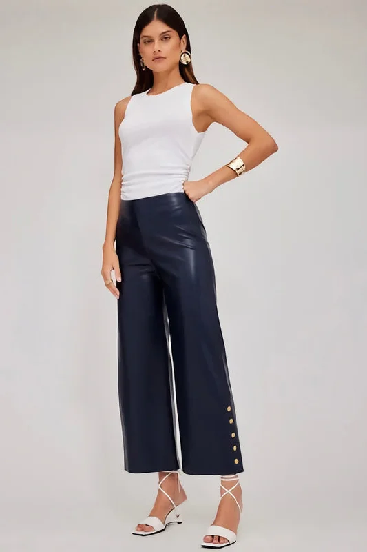 SOFT FAUX LEATHER BUTTON HEM PANT - NAVY Stylish Paperbag Waist Pants