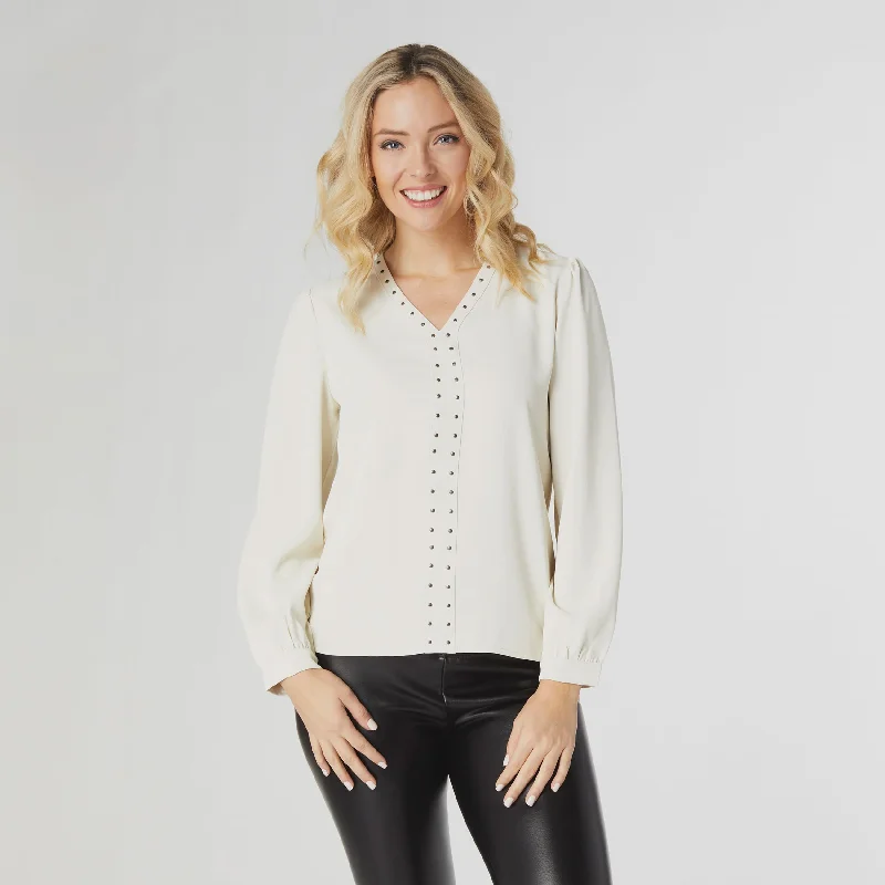 Chloe V-Neck Blouse with Studs | Cement Lightweight Floral Blouse