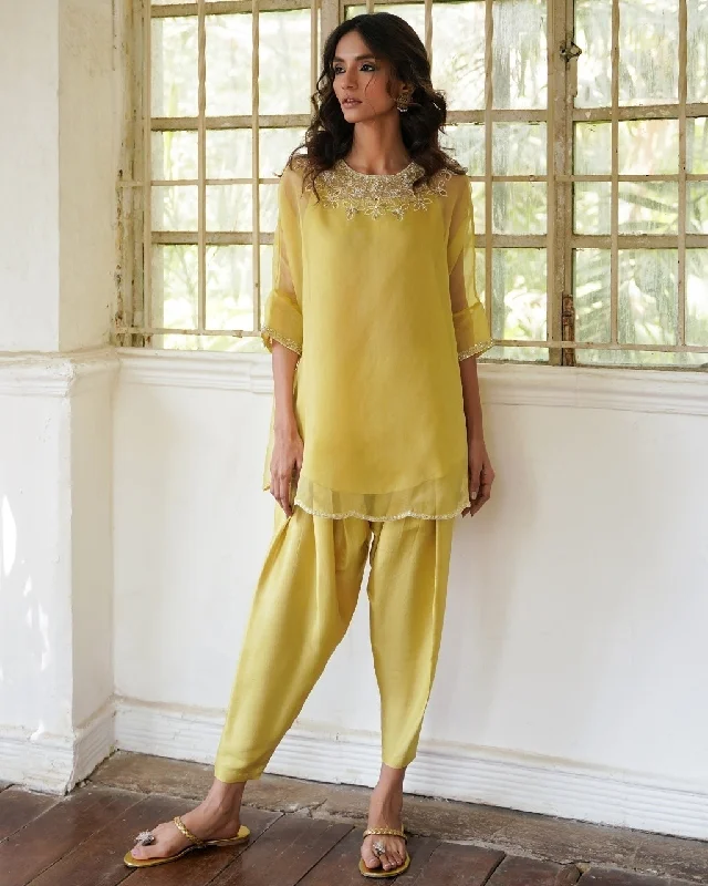 Yellow Lilly Kurta With Drape Pants Trendy Printed Leggings