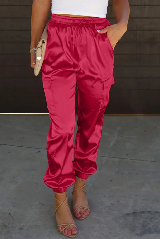 Rose Satin Pocketed Drawstring Elastic Waist Pants Stylish Harem Pants