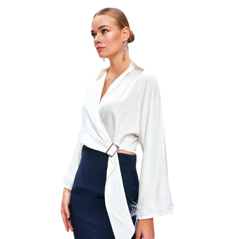 SATEEN -  Blouse with decorative feathers on the sleeves Casual Relaxed Fit Blouse