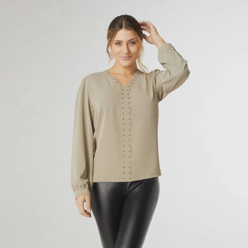 Chloe V-Neck Blouse with Studs | Olive Feminine Pastel Blouse