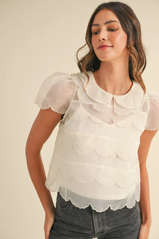 Cream Scallop Embroidered Organza Blouse Top Satin Bow Blouse