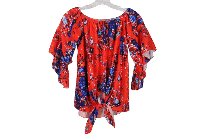 Red Floral Off-The-Shoulder Blouse | S Puff Sleeve Blouse