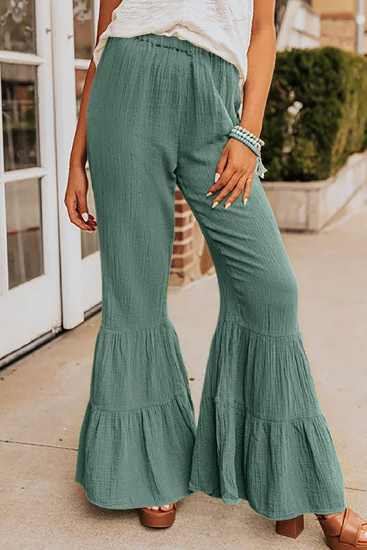 Green Textured High Waist Ruffled Bell Bottom Pants Classic Cropped Pants