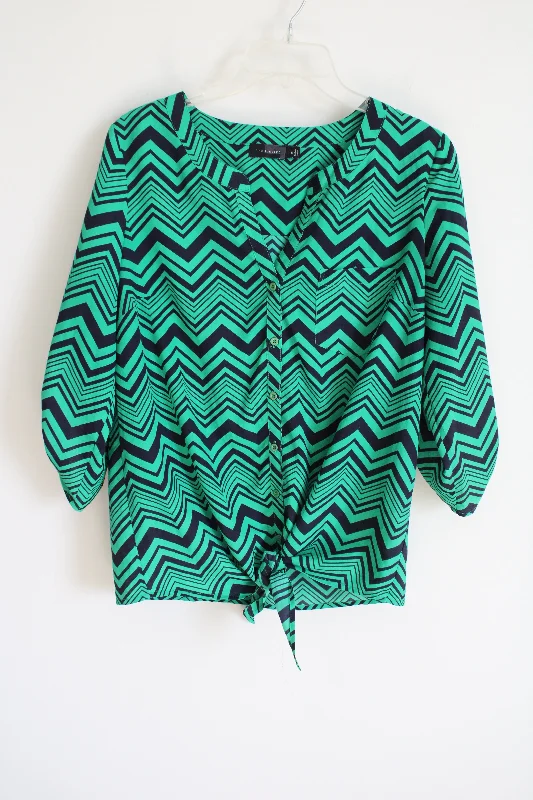 The Limited Green Navy Blue Chevron Blouse | S Elegant Silk Blouse