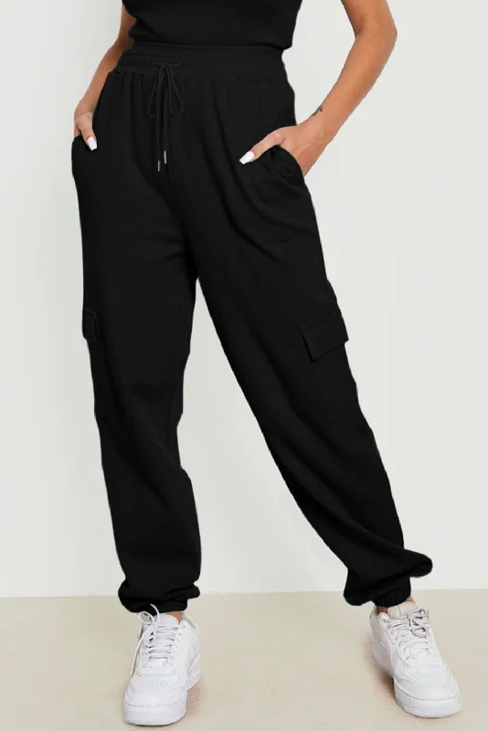 Black Waffle Texture Cargo Pocket Jogger Pants Relaxed High-Waist Trousers