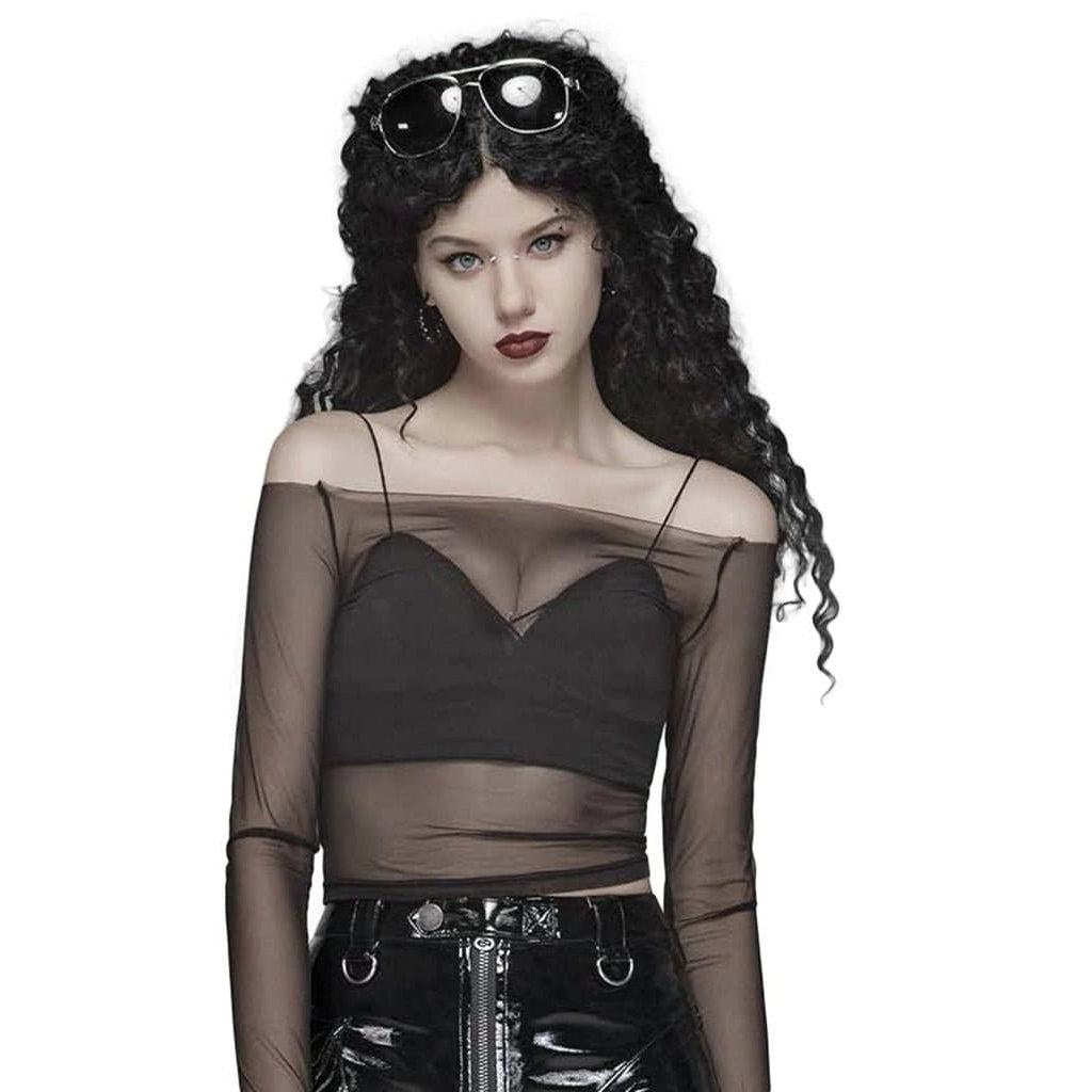 Sheer Mesh Top See Through Chiffon Shirt Punk Rocker Style Blouse Attached Gloves Double Button Blouse