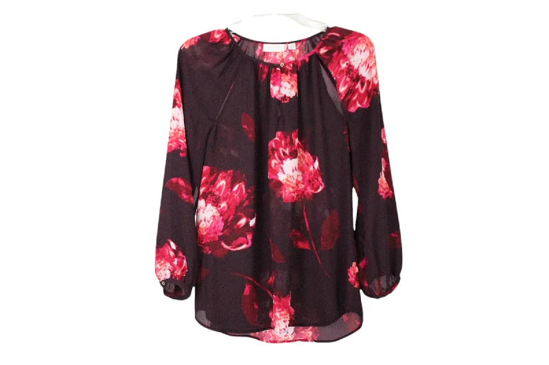 New York & Company Maroon Floral Blouse | M Side Tie Blouse