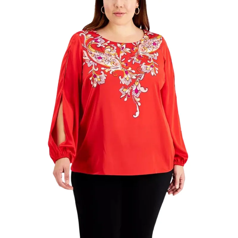 JM COLLECTION -  Printed Slit-Sleeve Blouse Loose Fit Blouse