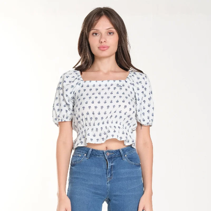 WOMENS PUFF SLEEVES CROPPED BLOUSE Stretchy Fitted Blouse