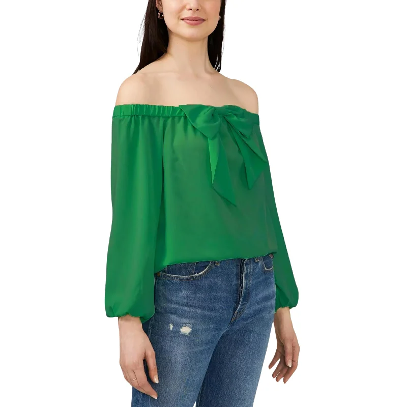 RILEY & RAE - Off The Shoulder Bow Blouse Sheer Sleeve Blouse