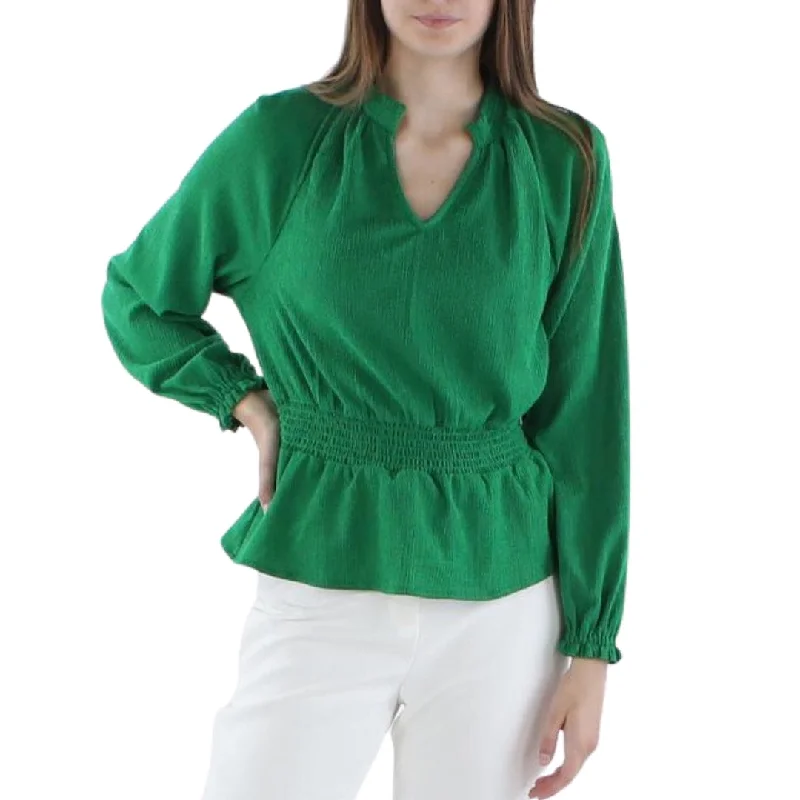 RILEY & RAE - Crinkled Split Neck Smocked Peplum Blouse Side Tie Blouse