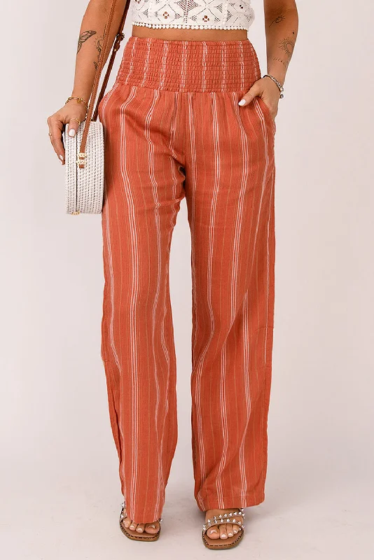 Orange Striped Shirred High Waist Straight Leg Pants Elegant High-Waist Pants