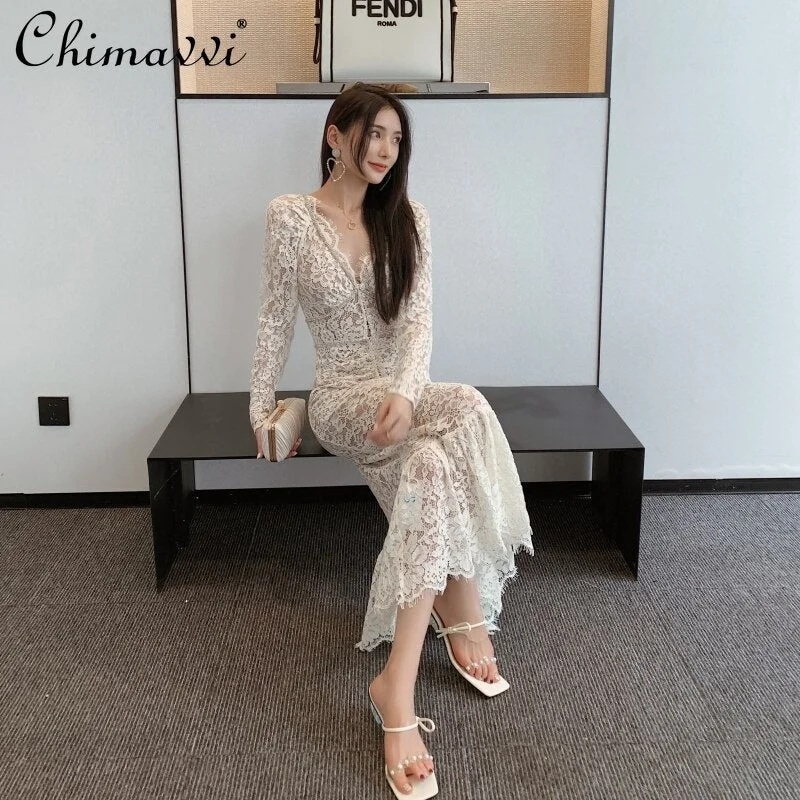 2022 Autumn Dress for Women High-End Lace Sexy Fishtail Dress Long Sleeve Dress V-neck Slimming Maxi Dresses Feminine Stylish V-Neck Maxi Dress 2022 Autumn Dress for Women High-End Lace Sexy Fishtail Dress Long Sleeve Dress V-neck Slimming Maxi Dresses Feminine Stylish V-Neck Maxi Dress