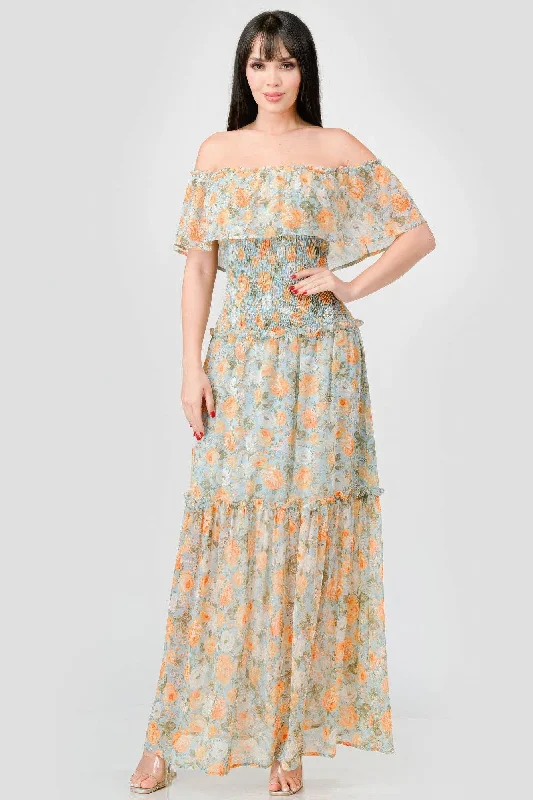 Blue Zone Planet | Alice's Floral Chiffon Off Shoulder Smocked Back Ruffled Tiered Maxi Dress Elegant Maxi Dress with Ruffles Blue Zone Planet | Alice's Floral Chiffon Off Shoulder Smocked Back Ruffled Tiered Maxi Dress Elegant Maxi Dress with Ruffles