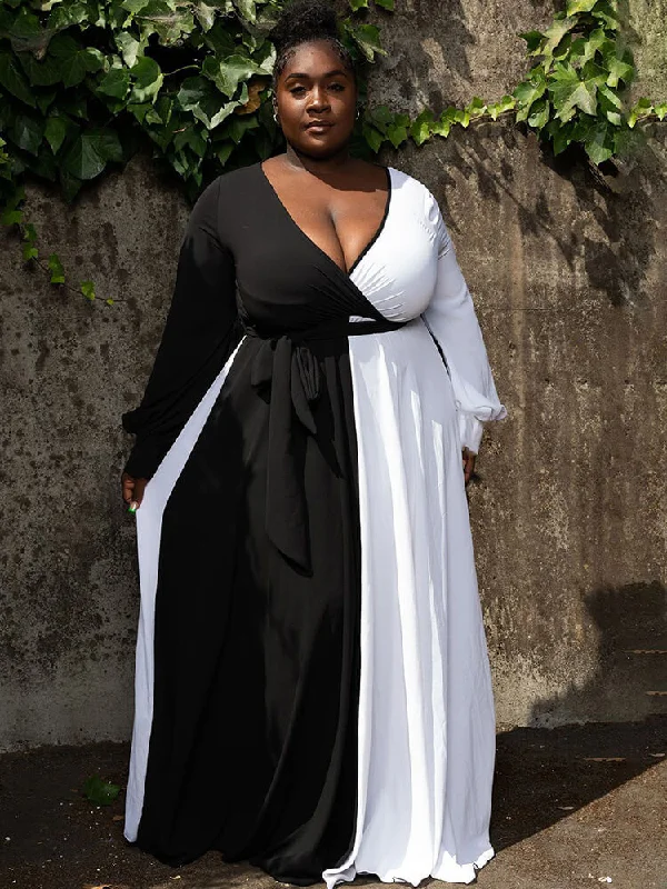 Long Sleeve V Neck Patchwork Maxi Dresses Fashionable Button-Down Maxi Dress
