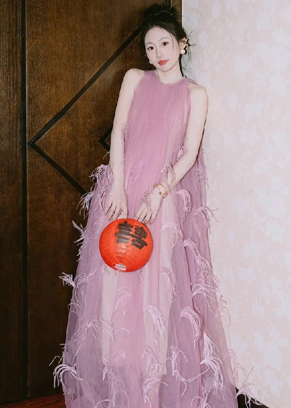 Beautiful Pink O Neck Feather Patchwork Tulle Maxi Dress Sleeveless Trendy Maxi Dress with Belt