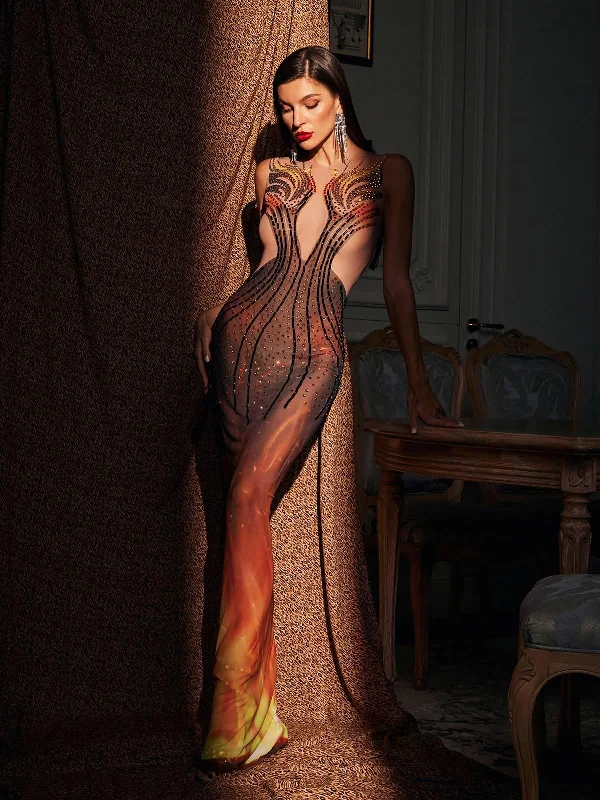 Bellezza Printed Rhinestone Maxi Dress Comfortable Plunging Neckline Maxi Dress