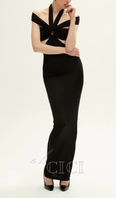 BLACK CUTOUT HALTER BANDAGE MAXI DRESS Cozy Ribbed Maxi Dress