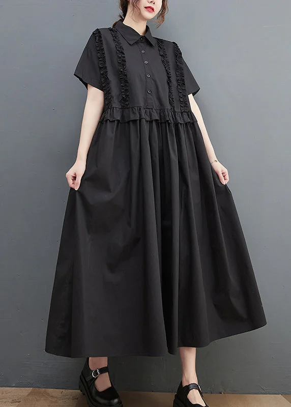 Black Loose Cotton Maxi Dresses Ruffled Cinched Short Sleeve Comfortable Ruffle Hem Maxi Dress Black Loose Cotton Maxi Dresses Ruffled Cinched Short Sleeve Comfortable Ruffle Hem Maxi Dress