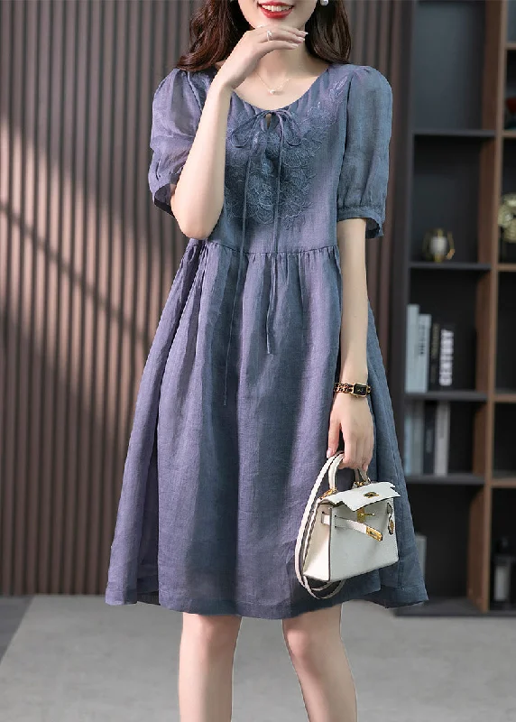 Blue Patchwork Neck Tie Linen Maxi Dresses Short Sleeve Comfortable Fit-and-Flare Maxi Dress Blue Patchwork Neck Tie Linen Maxi Dresses Short Sleeve Comfortable Fit-and-Flare Maxi Dress