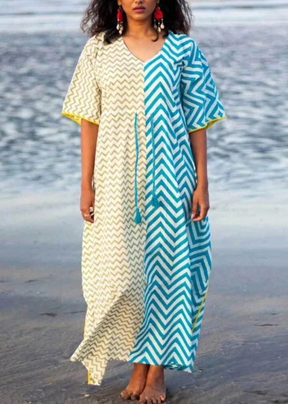 Bohemian Blue Yellow Striped Patchwork Drawstring Tie Waist Maxi Dresses Summer Stylish Boho Maxi Dress Bohemian Blue Yellow Striped Patchwork Drawstring Tie Waist Maxi Dresses Summer Stylish Boho Maxi Dress
