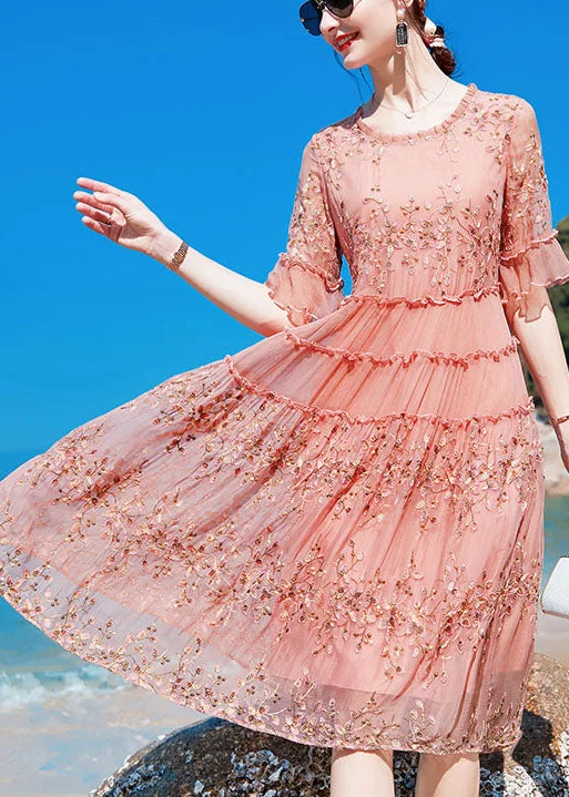Boho Pink O-Neck Ruffled Print Silk Maxi Dresses Short Sleeve Comfortable Flowy Maxi Dress Boho Pink O-Neck Ruffled Print Silk Maxi Dresses Short Sleeve Comfortable Flowy Maxi Dress