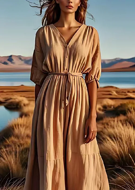 Boutique Khaki V Neck Tie Waist Patchwork Linen Maxi Dresses Summer Comfortable T-Shirt Maxi Dress Boutique Khaki V Neck Tie Waist Patchwork Linen Maxi Dresses Summer Comfortable T-Shirt Maxi Dress