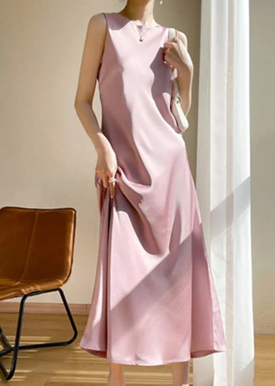 Brief Pink O-Neck Solid Silk Vacation Maxi Dresses Sleeveless Fashionable Sheer Maxi Dress Brief Pink O-Neck Solid Silk Vacation Maxi Dresses Sleeveless Fashionable Sheer Maxi Dress