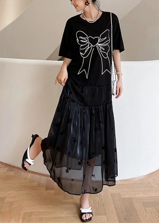 Casual Black O-Neck Bow Tulle Patchwork Cotton Maxi Dresses Summer Trendy Floral Print Maxi Dress Casual Black O-Neck Bow Tulle Patchwork Cotton Maxi Dresses Summer Trendy Floral Print Maxi Dress