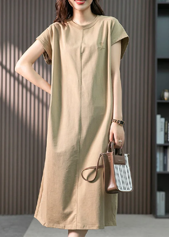 Casual Khaki O-Neck Embroideried Cozy Cotton Maxi Dresses Short Sleeve Elegant Maxi Dress with Belt Casual Khaki O-Neck Embroideried Cozy Cotton Maxi Dresses Short Sleeve Elegant Maxi Dress with Belt